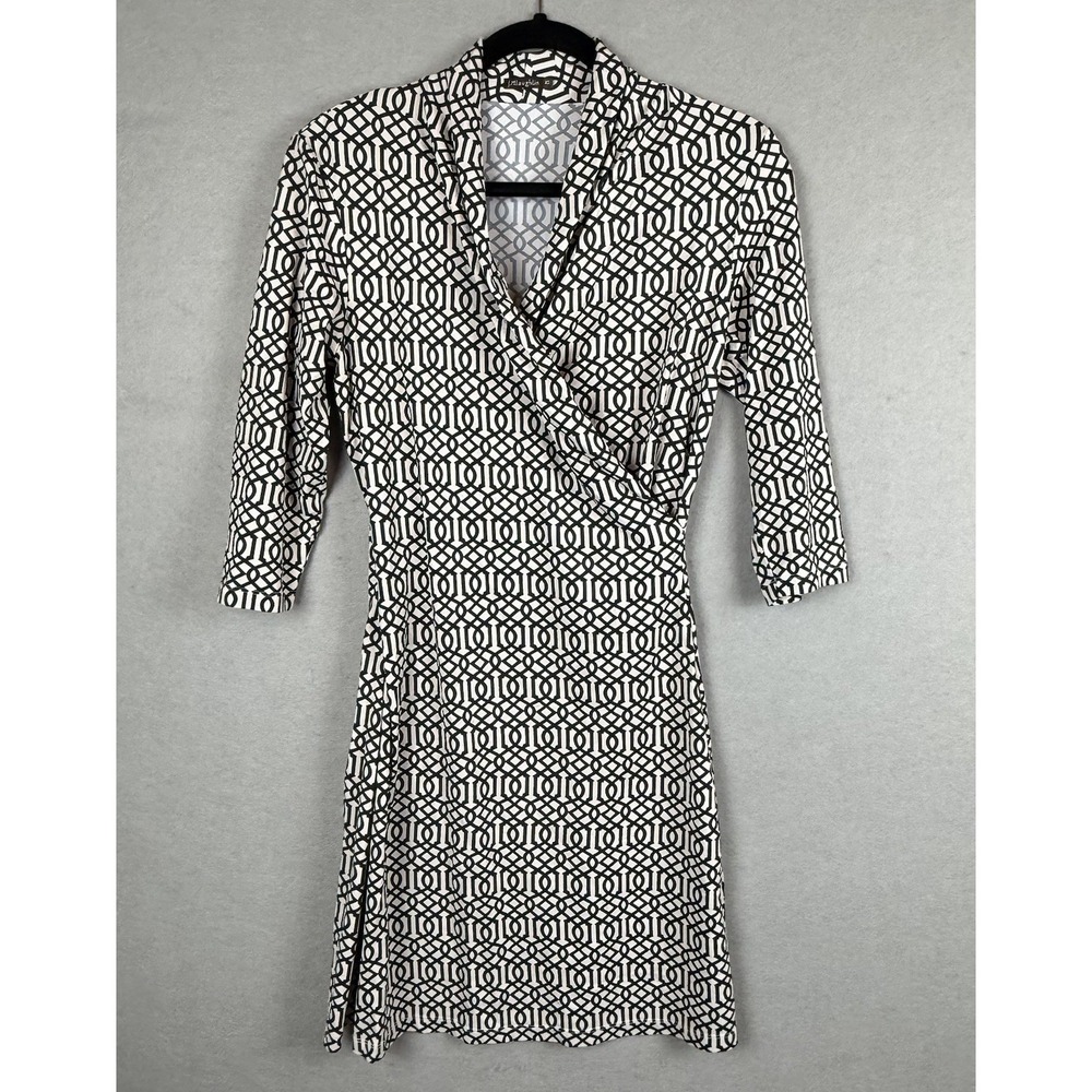 J. McLaughlin XS Black White‎ Geometric Catalina Cloth Faux Wrap Dress Stretch